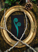 Load image into Gallery viewer, Fiddlehead fern patch - Green linocut patch on black recycled fabric