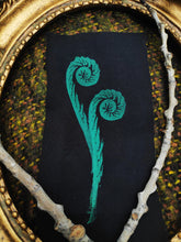 Load image into Gallery viewer, Fern patches duo - Green linocut patch bundle on black recycled fabric