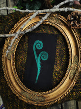 Load image into Gallery viewer, Fiddlehead fern patch - Green linocut patch on black recycled fabric