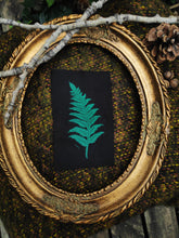 Load image into Gallery viewer, Fern patch - Green linocut patch on black recycled fabric