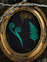 Load image into Gallery viewer, Fern patch - Green linocut patch on black recycled fabric