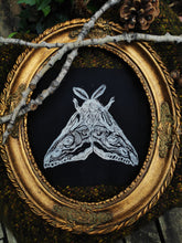 Load image into Gallery viewer, Moth patch - Linocut patch on black recycled fabric