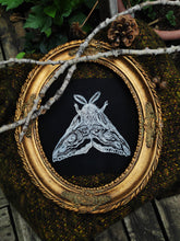 Load image into Gallery viewer, Moth patch - Linocut patch on black recycled fabric
