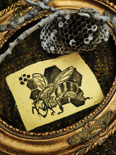 Load image into Gallery viewer, Bee patch - Linocut patch on yellow recycled fabric