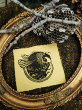 Load image into Gallery viewer, Bumblebee patch - Linocut patch on yellow recycled fabric