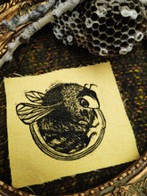 Load image into Gallery viewer, Bumblebee patch - Linocut patch on yellow recycled fabric