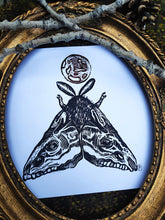 Load image into Gallery viewer, Moth print- deer skulled wings - Linocut print on bristol paper