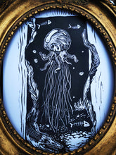Load image into Gallery viewer, Dark sea jellyfish and sea monster  print - linocut print on paper- original art