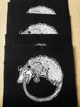Load image into Gallery viewer, Ouroboropossum patch - Opossum eating its tail - Screen printing on black fabric