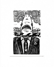 Load image into Gallery viewer, Shark in a suit mini print - 5x7 mini linocut print