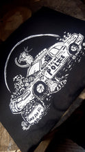 Load image into Gallery viewer, Anarchist critters on a police car - Defund the police/food for all  - Screen printing on black fabric