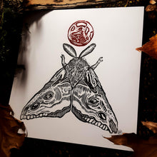 Load image into Gallery viewer, Moth print- deer skulled wings - Linocut print on bristol paper