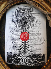 Load image into Gallery viewer, Cerebral roots - Linocut print on book page