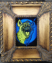 Load image into Gallery viewer, Hyena patch - Blue and yellow opened jaw hyena patch - intersectional feminism - Screen printing on black fabric