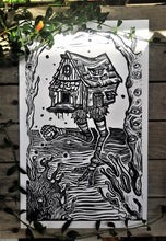 Load image into Gallery viewer, Baba yaga hut print - Cabin with chicken legs - linocut print on paper