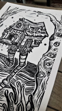 Load image into Gallery viewer, Baba yaga hut print - Cabin with chicken legs - linocut print on paper