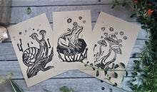 Load image into Gallery viewer, Small creatures mini prints trio ( 3 ) - Linocut prints bundle, mini print on paper - original art