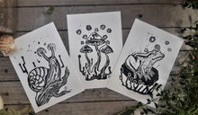 Load image into Gallery viewer, Small creatures mini prints trio ( 3 ) - Linocut prints bundle, mini print on paper - original art