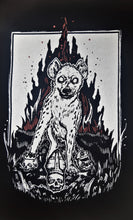 Load image into Gallery viewer, Hyena patch - Pope, King and Cop skulls with flames - White and red ink - Screen printing on black fabric