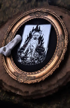 Load image into Gallery viewer, Hyena patch - Pope, King and Cop skulls with flames - White and red ink - Screen printing on black fabric