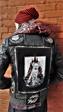Load image into Gallery viewer, Hyena Backpatch - Pope, King and Cop skulls with flames - White and red ink - Screen printing on black fabric