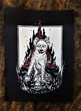 Load image into Gallery viewer, Hyena Backpatch - Pope, King and Cop skulls with flames - White and red ink - Screen printing on black fabric