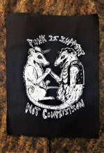 Load image into Gallery viewer, Punk is support not competition backpatch - rat and opossum - Screen printing on black fabric
