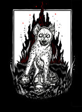 Load image into Gallery viewer, Hyena patch - Pope, King and Cop skulls with flames - White and red ink - Screen printing on black fabric
