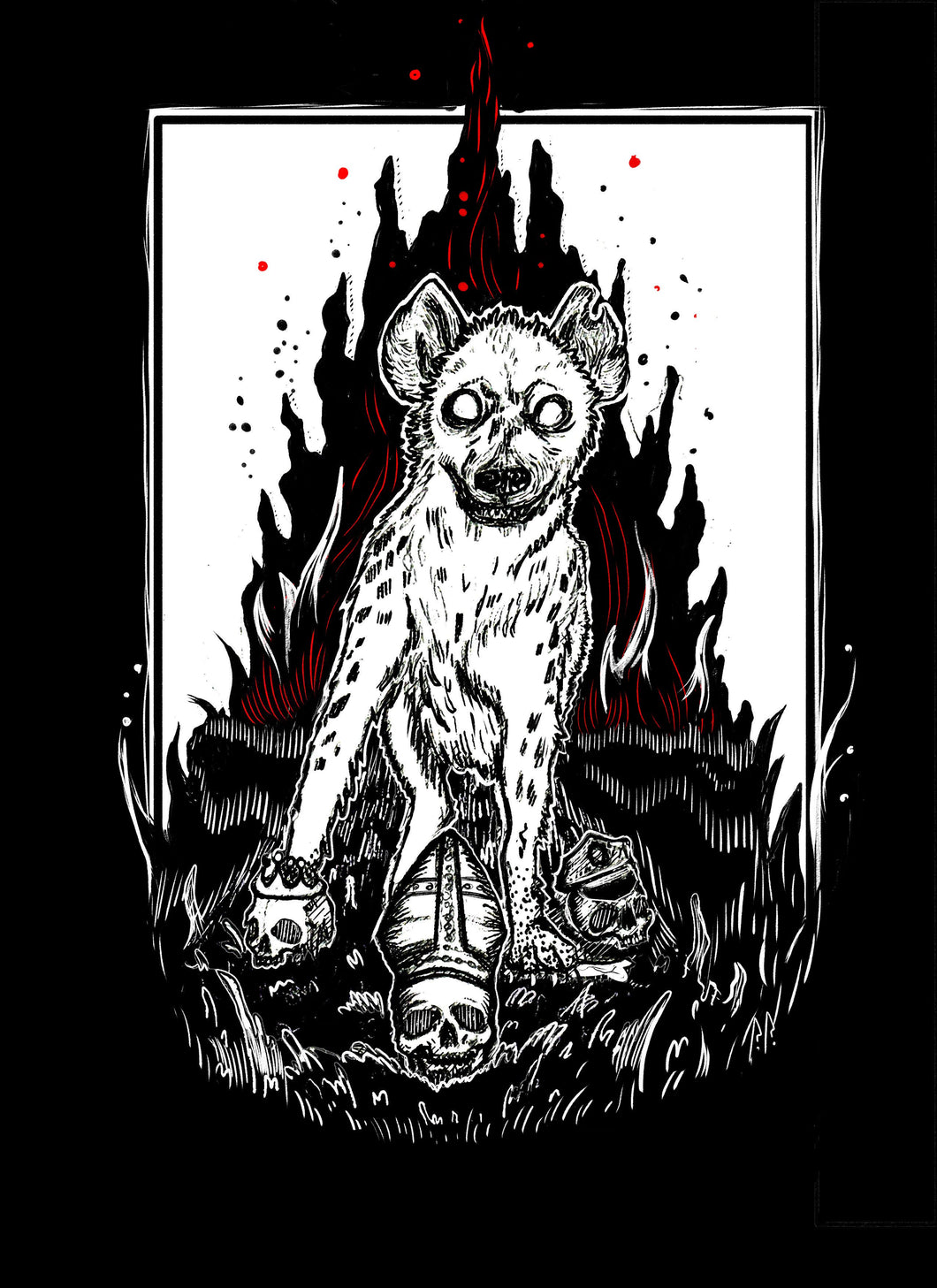 Hyena patch - Pope, King and Cop skulls with flames - White and red ink - Screen printing on black fabric