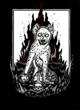 Load image into Gallery viewer, Hyena Backpatch - Pope, King and Cop skulls with flames - White and red ink - Screen printing on black fabric