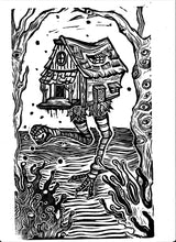 Load image into Gallery viewer, Baba yaga hut print - Cabin with chicken legs - linocut print on paper