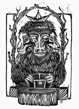 Load image into Gallery viewer, Monkey king of the forest- 3 headed monkey linocut print on paper - original art