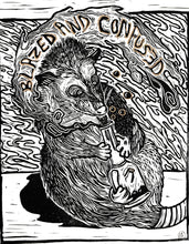 Load image into Gallery viewer, Blazed and confused print - Trippy opossum - linocut print on paper