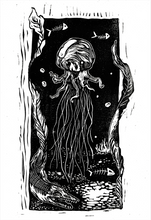 Load image into Gallery viewer, Dark sea jellyfish and sea monster  print - linocut print on paper- original art