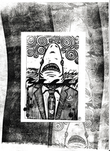 Load image into Gallery viewer, Shark in a suit mini print - 5x7 mini linocut print