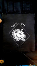 Load image into Gallery viewer, Back Off screaming opossum patch  - Screen printing on black fabric