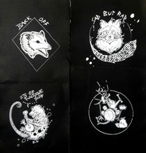 Load image into Gallery viewer, Pack of 4 Trash animals patches  - Screen printing on black fabric