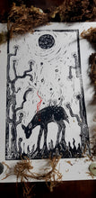 Load image into Gallery viewer, Fawn eating in forest print- linocut print on paper- original art