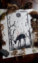 Load image into Gallery viewer, Fawn eating in forest print- linocut print on paper- original art