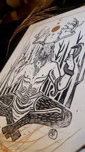 Load image into Gallery viewer, Cernunnos print- Horned god -linocut print on paper- original art