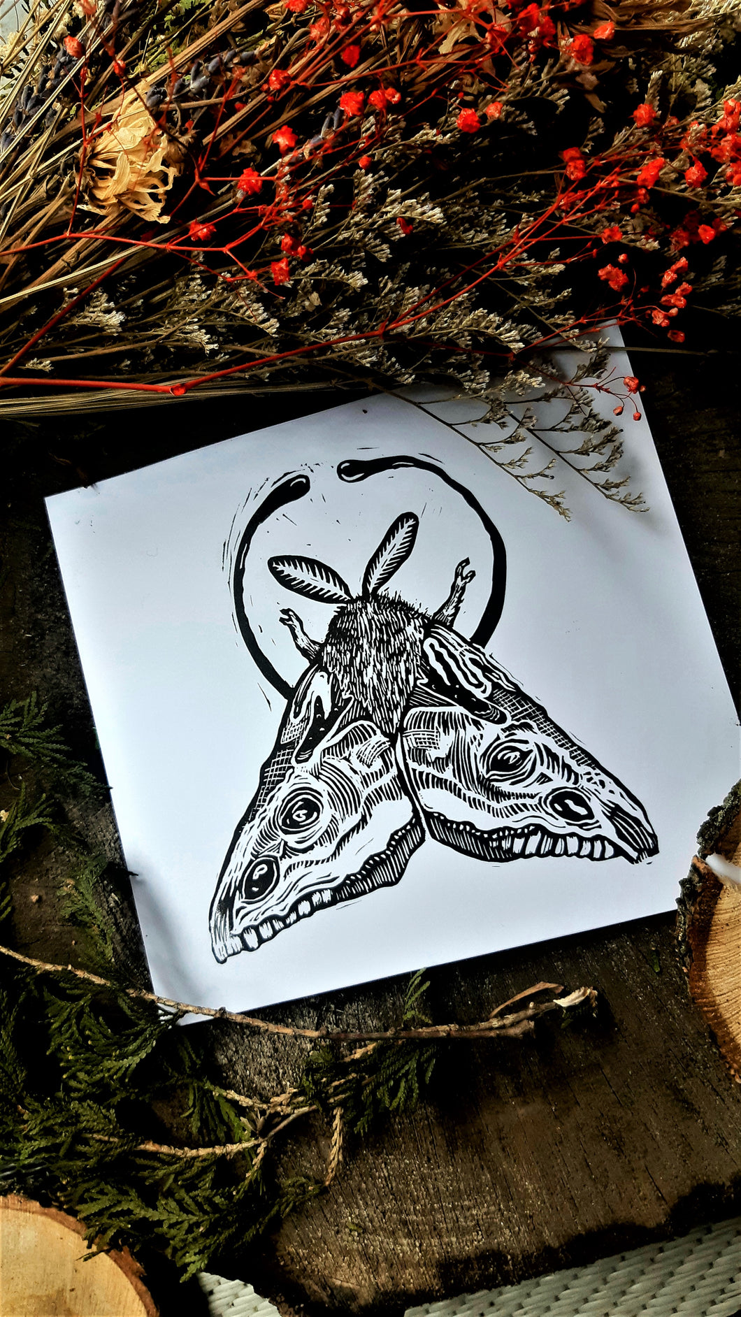 Moth print- deer skulled wings - Linocut print on bristol paper
