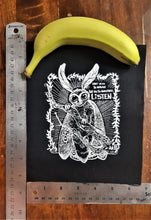 Load image into Gallery viewer, Moth creature patch - What we do to nature - Screen printing on black fabric
