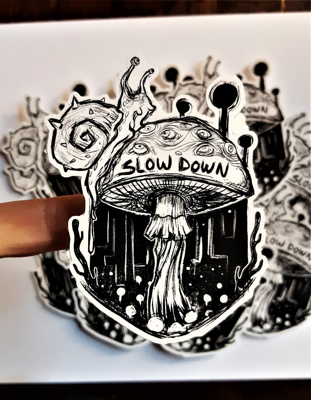 Slow down - Spiked shell snail on mushroom-  2x3 Weatherproof matte vinyl sticker