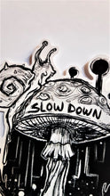Load image into Gallery viewer, Slow down - Spiked shell snail on mushroom-  2x3 Weatherproof matte vinyl sticker
