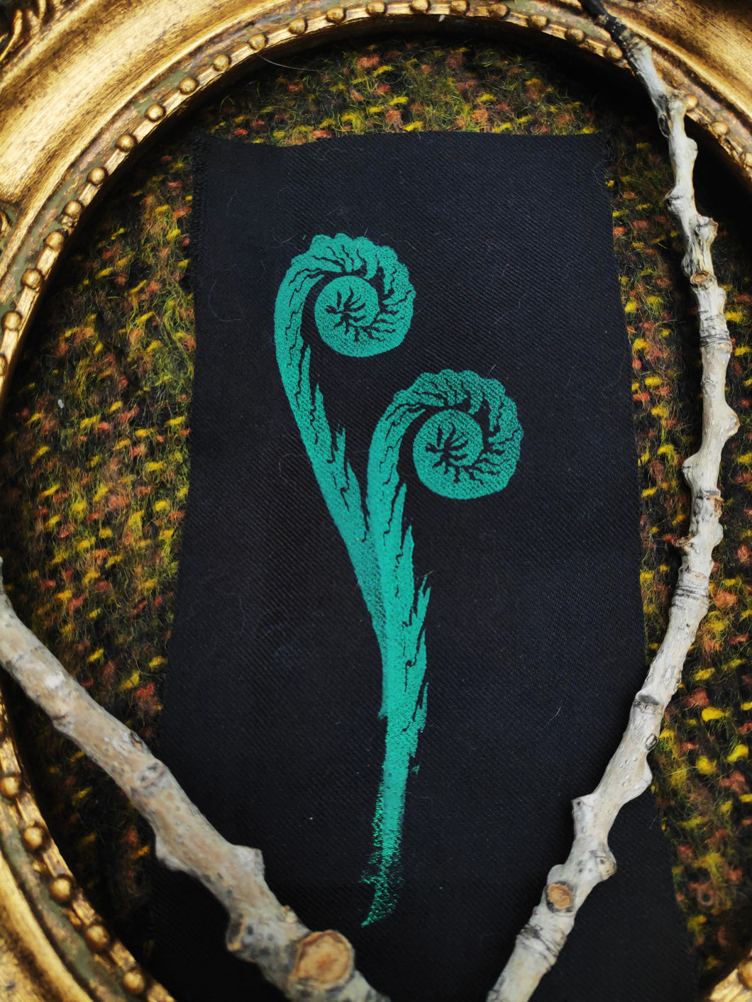 Fiddlehead fern patch - Green linocut patch on black recycled fabric