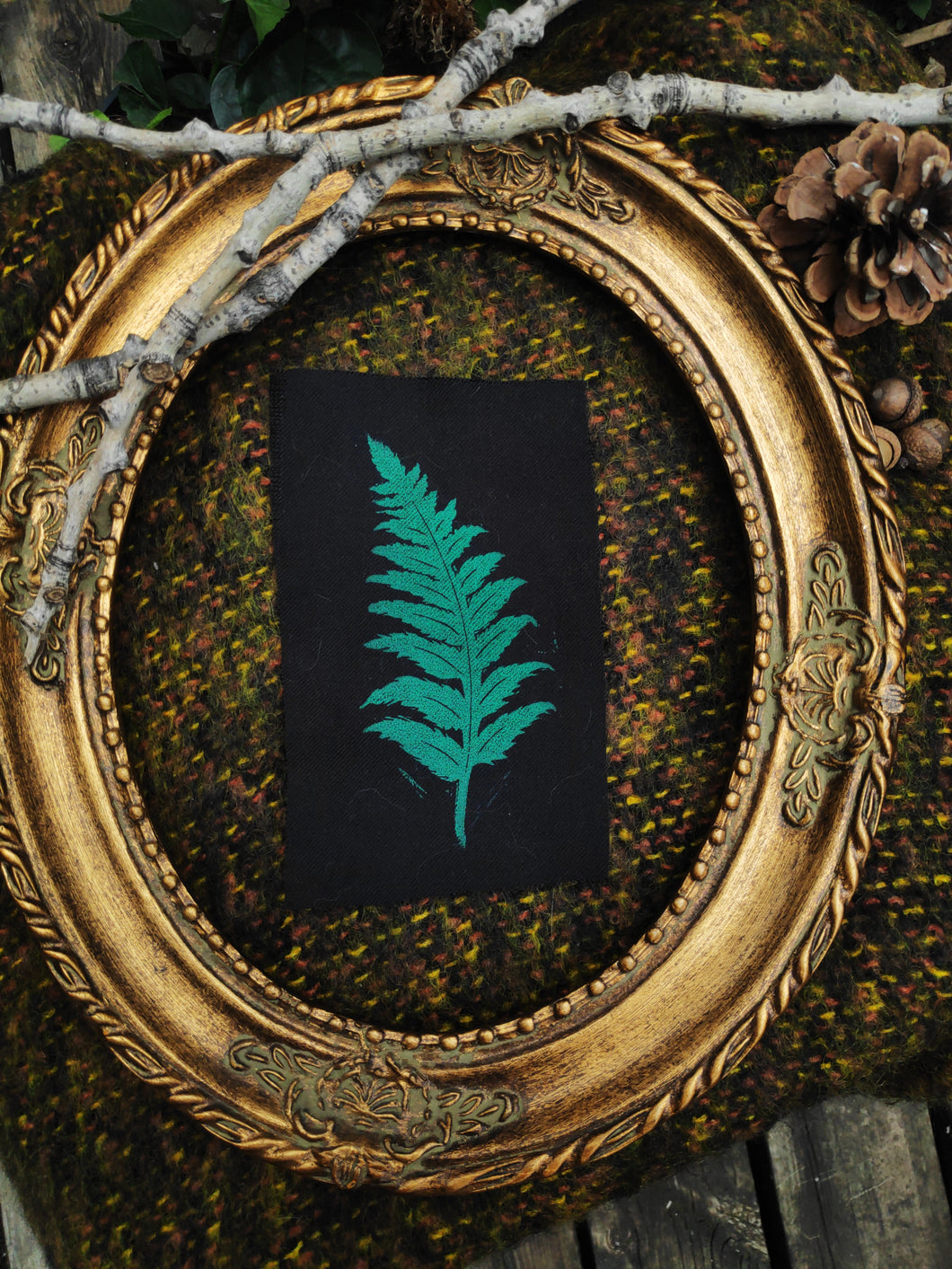 Fern patch - Green linocut patch on black recycled fabric