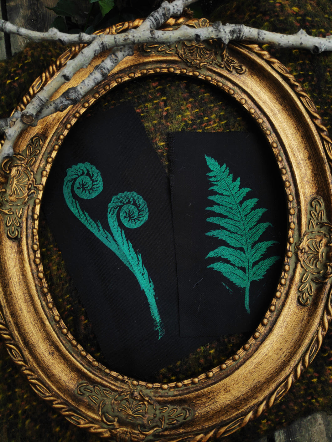 Fern patches duo - Green linocut patch bundle on black recycled fabric
