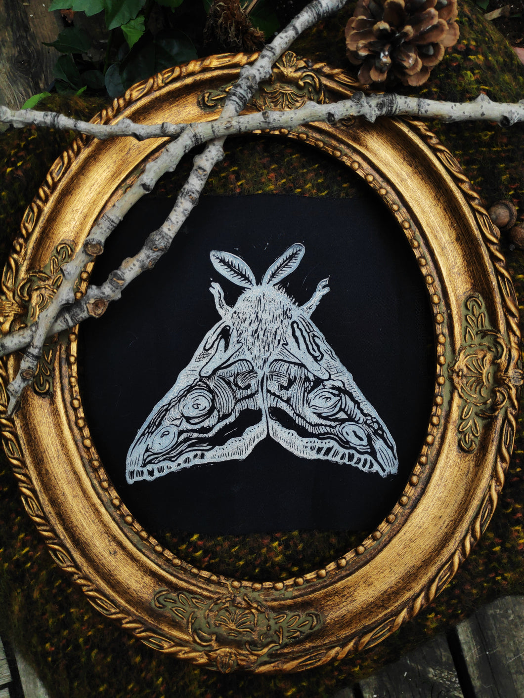 Moth patch - Linocut patch on black recycled fabric