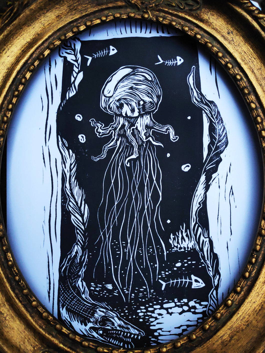 Dark sea jellyfish and sea monster  print - linocut print on paper- original art