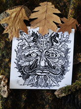 Load image into Gallery viewer, Green man print- Spring symbol - Linocut print on 8x8 bristol paper
